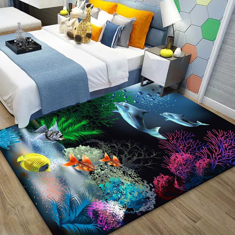 Ocean Blue Modern Rug Blending Fishes Indoor Rug Non-Slip Backing Rug for Living Room