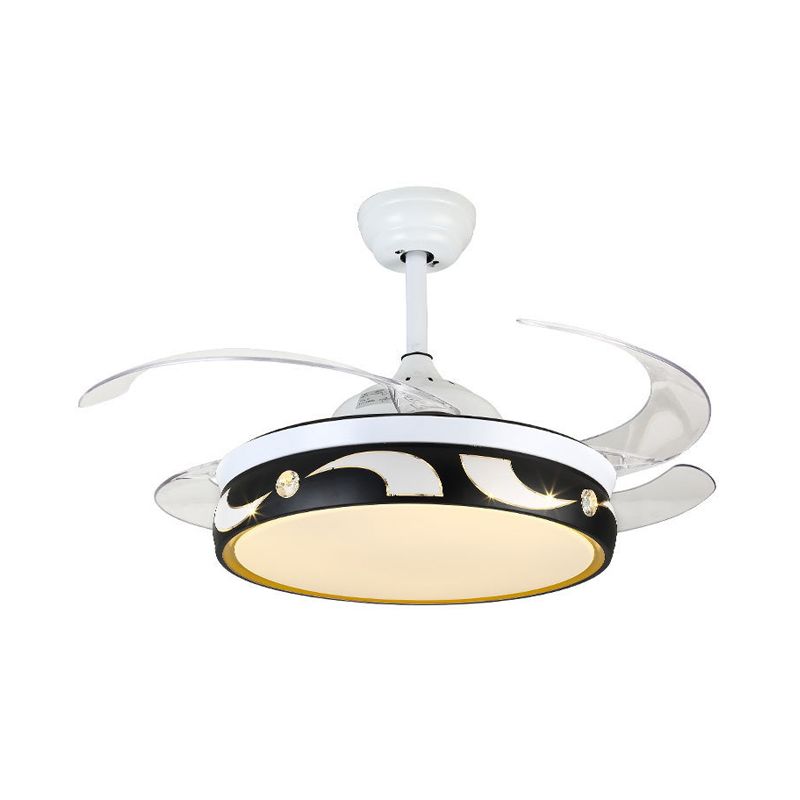 42,5 "W Drum Anhänger Lüfterlampe Moderne Acryl-Schwarzweiß 4-Blade-LED Semi Flush Deckenlicht mit Sonnen- und Mondmuster