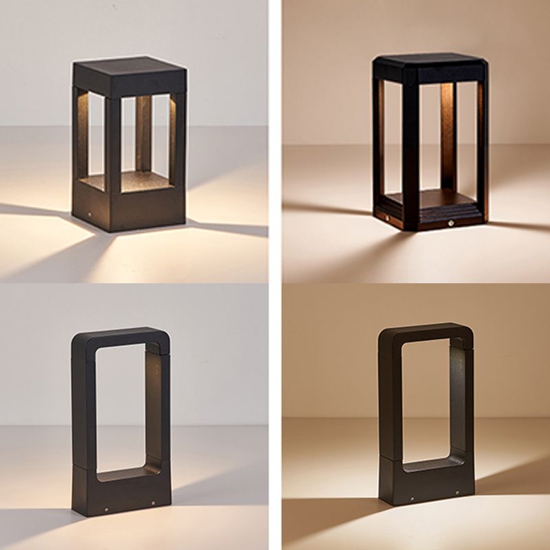 Contemporary Metal Pillar Lamp Geometric Shape Outdoor Waterproof Light in Black Finish