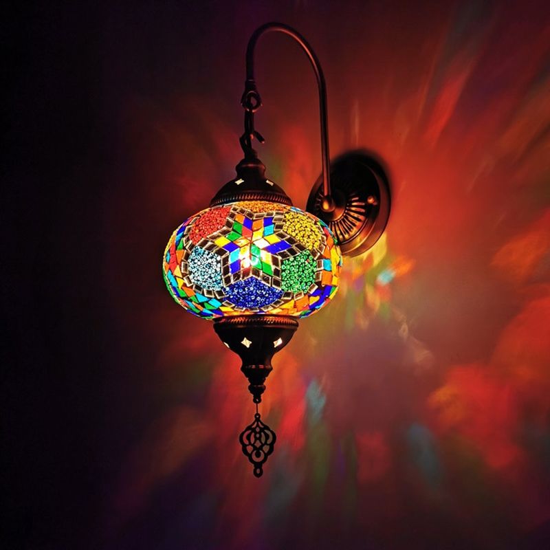 Decorative Sphere Wall Light Fixture 1 Bulb Stained Art Glass Wall Sconce Lamp in Red/Purple/Gold for Bedroom