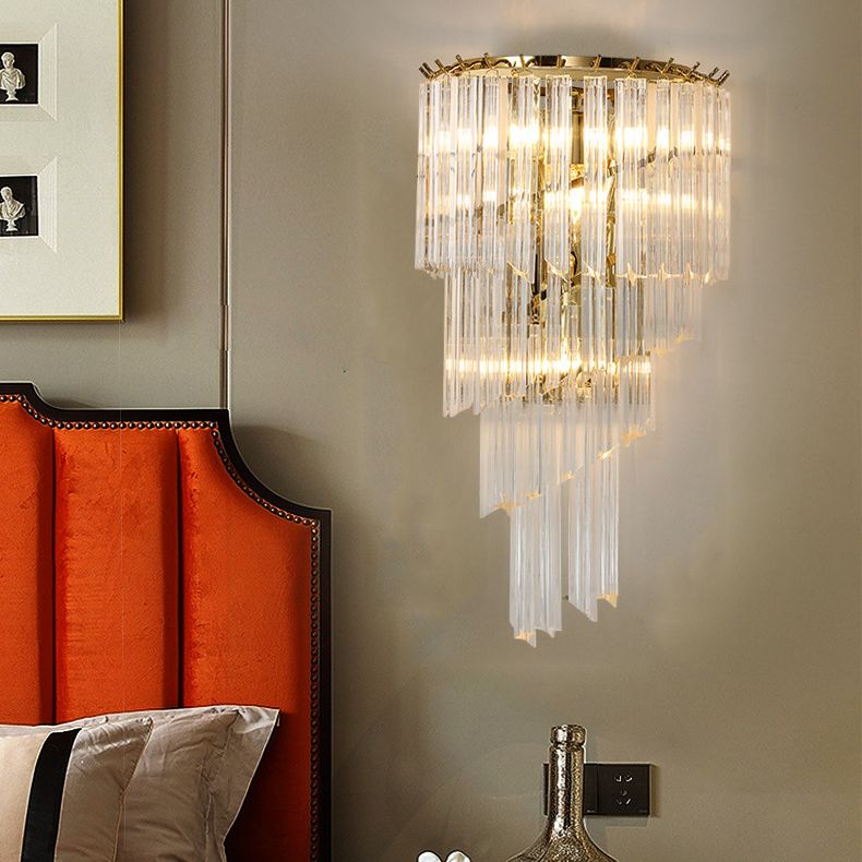Gold Stagger Wall Sconce in Modern Luxury Style Wrought Iron 4-Light Wall Lamp with Crystal Shade