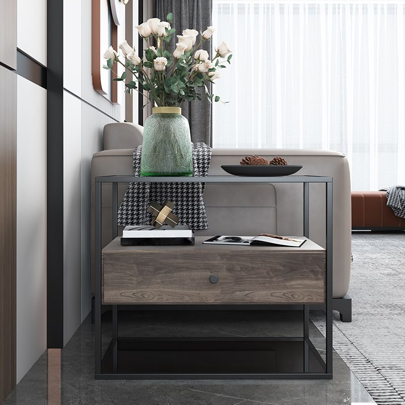 21.65" Tall Rectangular Glass Top Side Table Stainless Steel Frame End Table with Storage