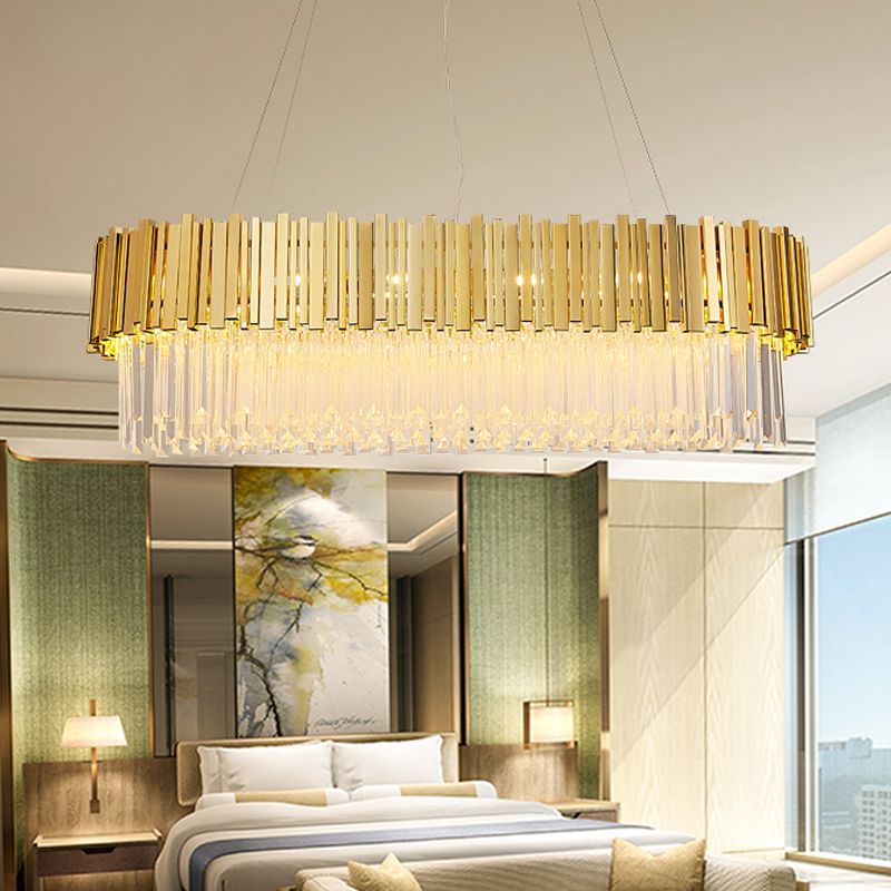 26"/35.5"/39" W Modern Oblong Layered Metal Chandelier Lamp 6-Light Golden Hanging Light with Crystal Icicles