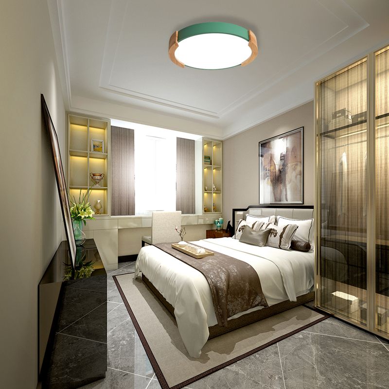 Iron Thin Round Flush Light Nordic Grey/White/Green Ceiling Mounted Fixture with Wood Side Guard for Bedroom