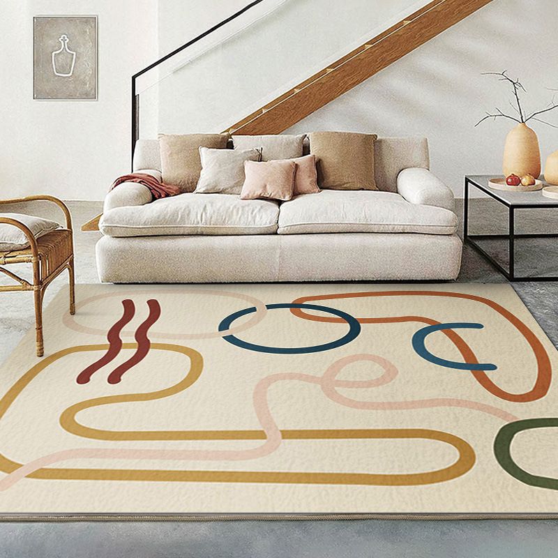 Beige Abstract Line Rug Polyester Simple Rug Washable Rug for Living Room