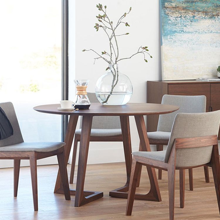 Round Casual Dining Table Brown Tone Fixed Table with Double Pedestal Base