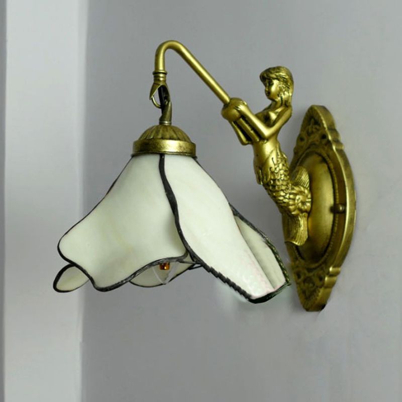 1 Head Petal Wall Mount Lighting Tiffany Blue/Clear/Pink Glass Sconce Light Fixture with Mermaid Backplate