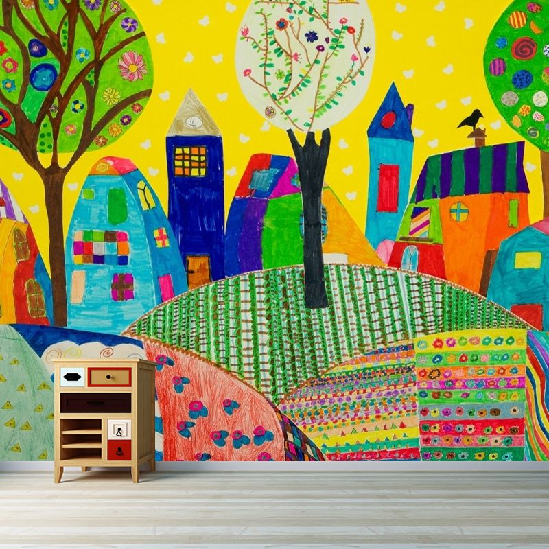 Colorful Childrens Art Wall Murals Full Size Suburbs Drawing Wall Decor for Nursery