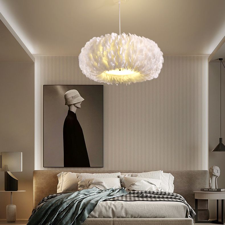 Drum Chandelier Light Fixture Modern Simplicity Feather Shade Pendant Lighting for Restaurant
