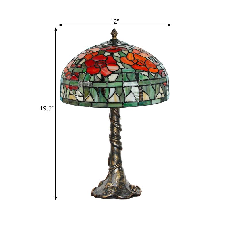 Dome Desk Lamp Tiffany-Style Multicolored Stained Glass 1-Light Green-Red Task Lighting with Trunk Base
