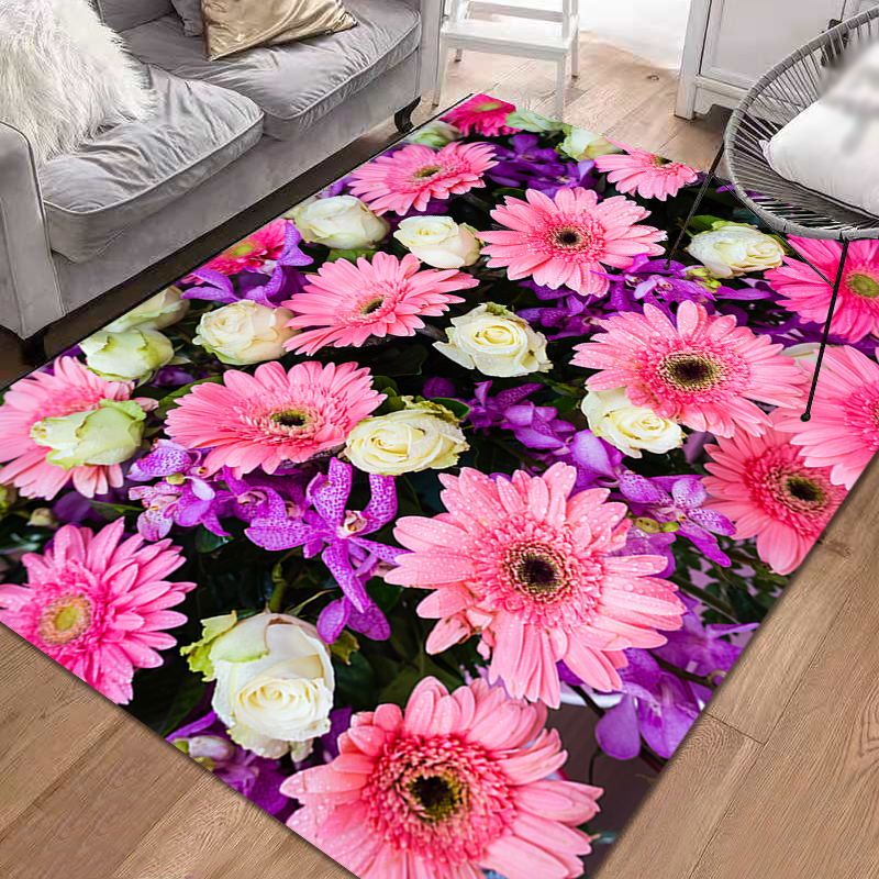 Chic Floral Pattern Area Carpet Pink Modern Area Rug Polyster Non-Slip Rug for Living Room