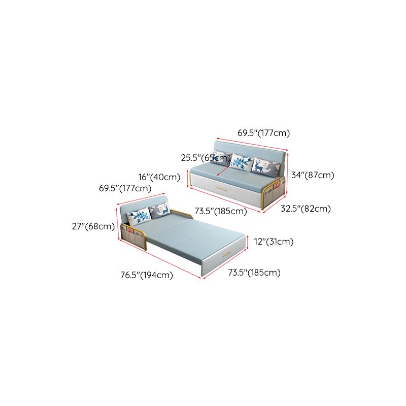 Glam Round Arms Futon Frame Bonded Leather Blue Sleeper Sofa