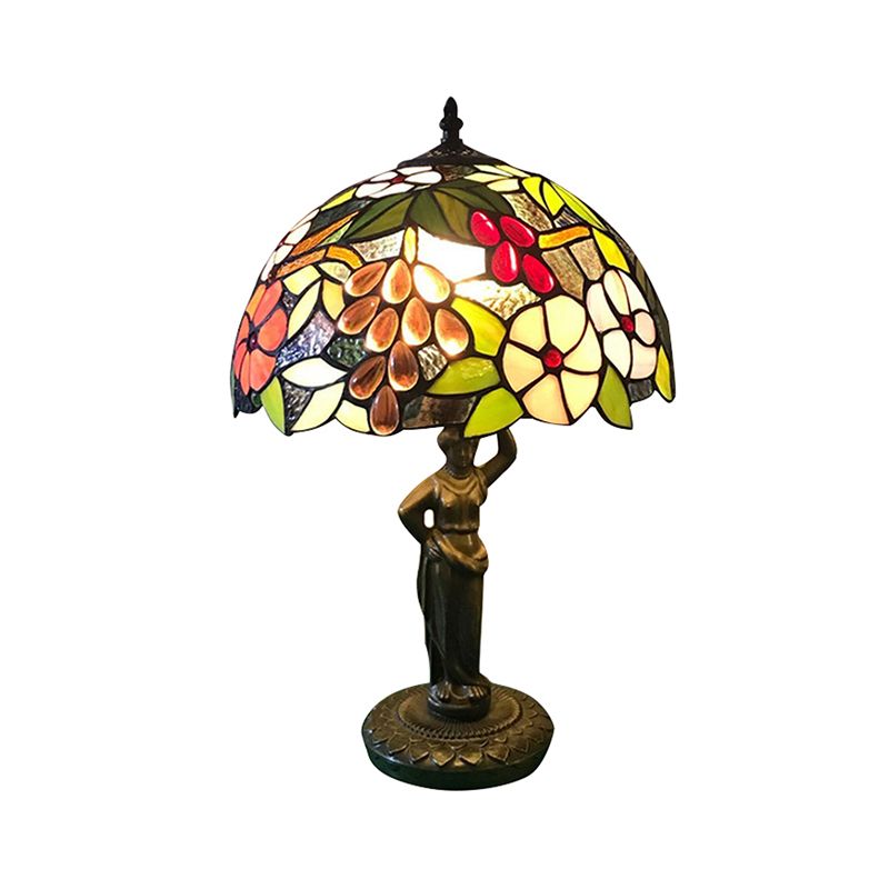 Lampada da scrivania con motivo uccello/uva/fiore con base per donne che lavorano, lampada da scrivania in vetro colorato Tiffany rustico a 1 testa per camera da letto