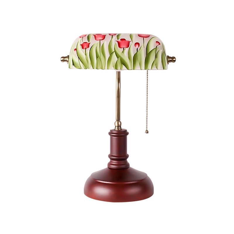 1 Glühbirne Grüne Glas Tisch Beleuchtung koreanischer Garten Rotbraune Blumenbuschmuster Schlafzimmer Nachttisch Lampe mit Pull -Kette