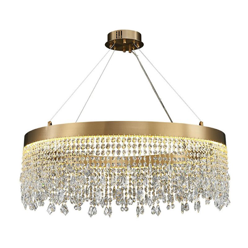 Stainless Steel Ring Shaped Pendant Lamp Postmodern Gold LED Chandelier with Draping Crystals