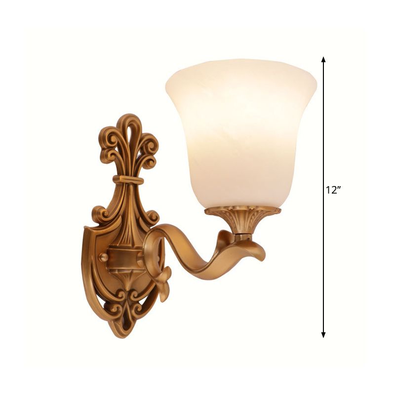 Brass 1 Hear Wall Light Countryside Opal Glass Bell Shaped Wall Sconce Lighting with Curvy Arm
