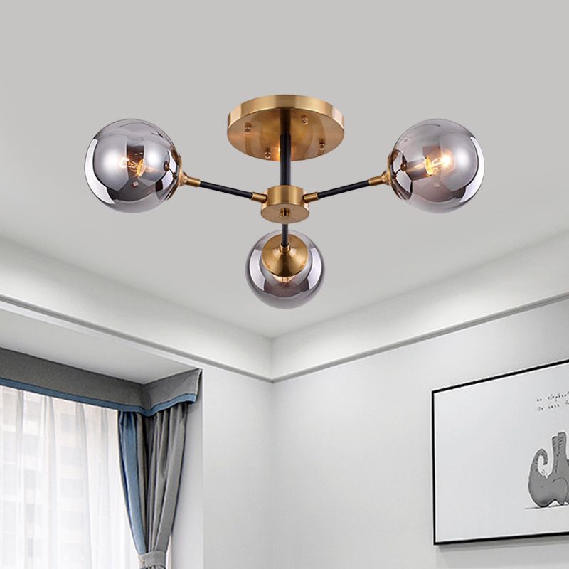 Postmodern Radial Smoke Glass Semi Flush 3/6 Heads Flush Mount Ceiling Chandelier in Brass and Black