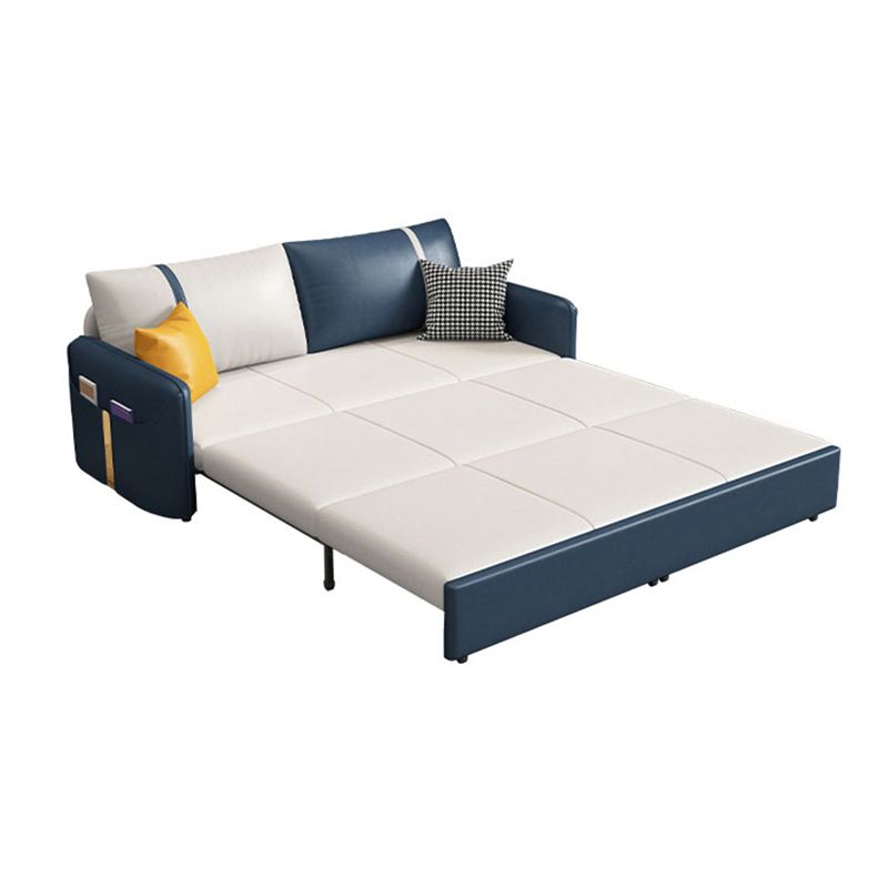 Square Arm Contemporary Convertible Faux Leather Couch Bed with 2 Pillows
