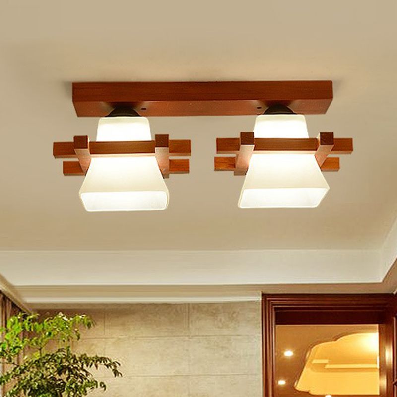 Pagoda Shaped Flush Ceiling Light Nordic Frosted White Glass Coffee Semi Mount Lighting with Wooden Frame