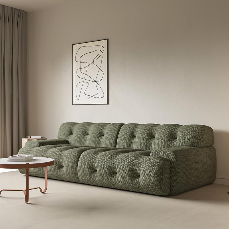 Recessed Arm Sofa Sewn Pillow Back Stationary Green Sofa for Bonus Room