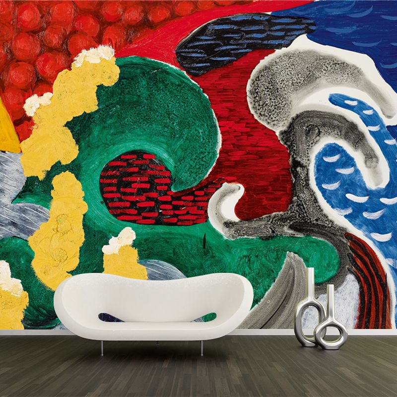 Art Deco the Wave Mural Non-Woven Waterproof Red-Yellow-Blue-Green Wall Covering for Home