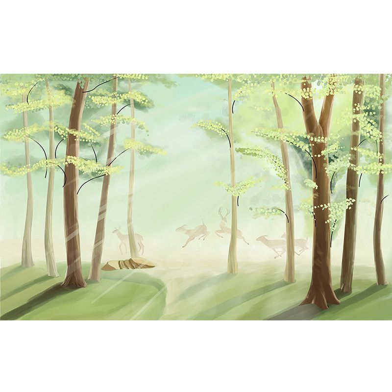 Non-Woven Waterproof Mural Nordic Flock of Deer in Misty Forest Pattern Wall Decor, Green