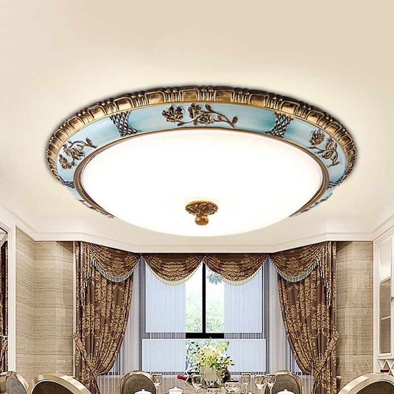 Dome Cream Glass Flush Light Fixture Retro Dining Room LED Ceiling Mount Lamp in Blue