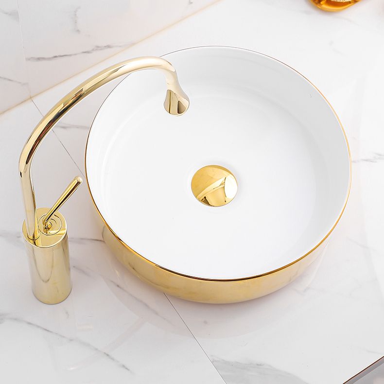 Gold Bathroom Sink Faucet Contemporary Vitreous China Vessel Sink with Pop-Up Drain