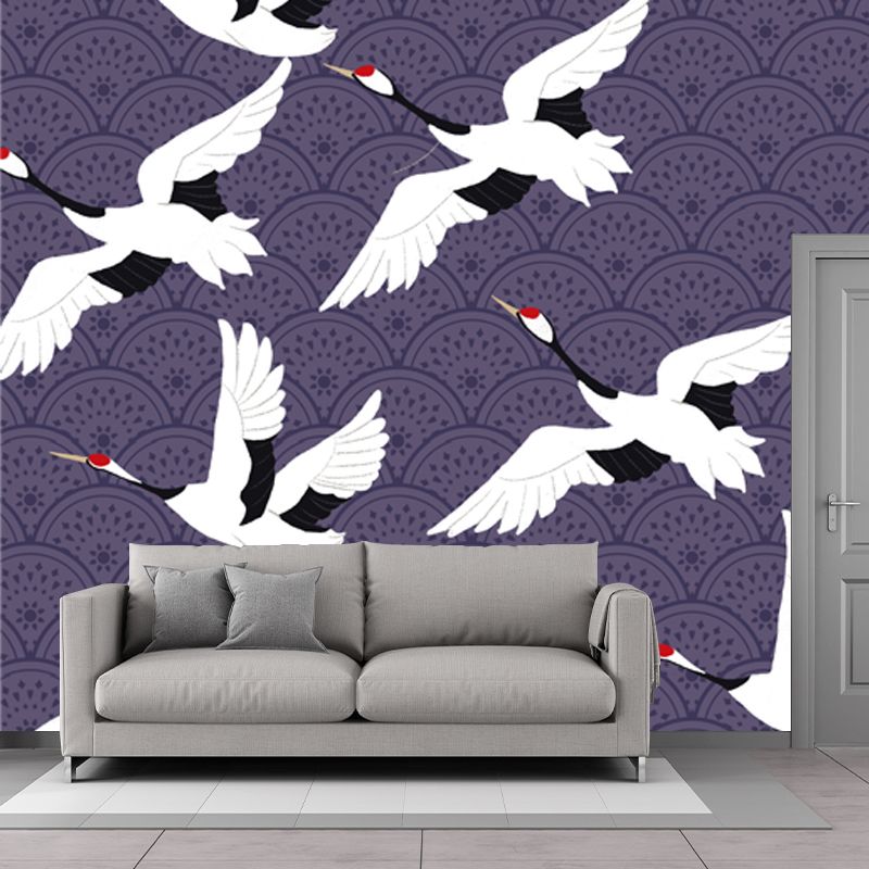 Large Chinoiserie Wallpaper Mural White Flocks of Red-Crown Crane Wall Art on Purple