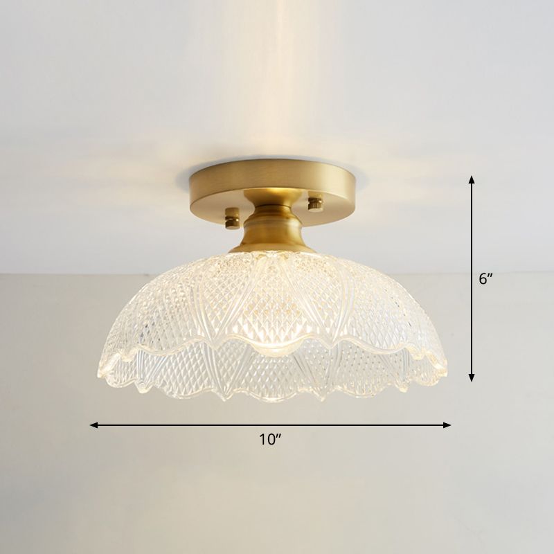 Industrial Small Ceiling Light Fixture 1-Light Textured Glass Semi Flush Mount in Brass for Aisle