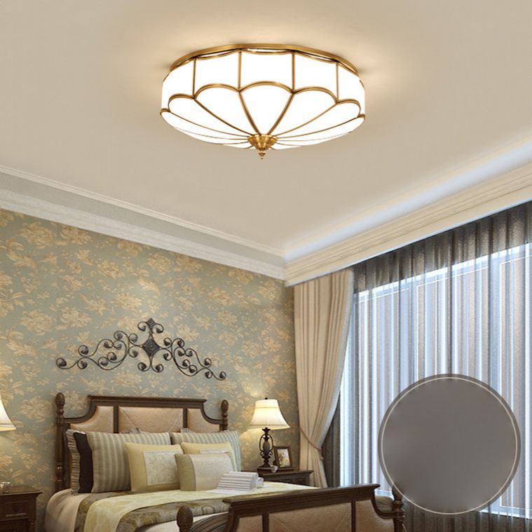 Flush Mount Ceiling Fixture Traditional Bedroom Flush Ceiling Light Fixture with Flower Glass Shade in Brass