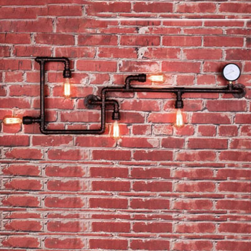5-Head Wall Sconce Lighting Industrial Water Pipe and Pressure Gauge Metal Wall Light for Restaurant