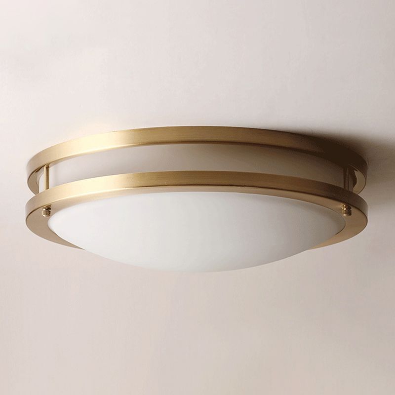 All Copper Round Simplicity LED Ceiling Light White Frosted Glass Shade Traditional Style Lighting Fixture in Gold