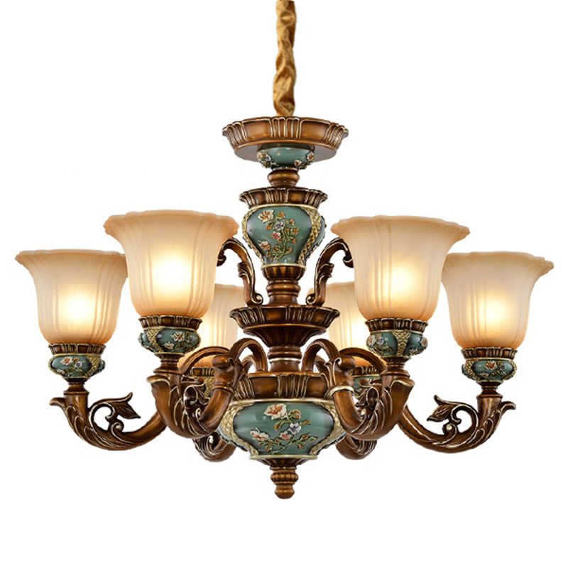 Retro Bell Hanging Ceiling Light Frosted Glass Chandelier Lamp in Blackish Green