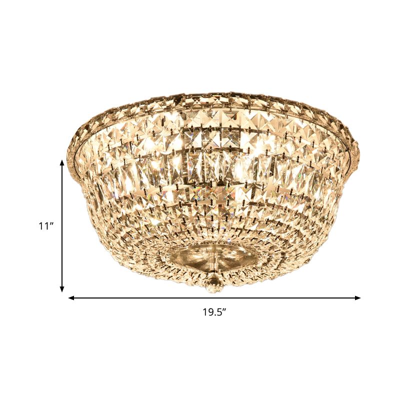 14"/19.5" W Bowl Shade Crystal Prisms Flush Mount Modern Stylish 3/6 Lights Clear Finish Ceiling Light Fixture