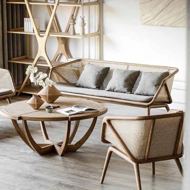 Rattan Linen Sofa 25.59" High Sloped Arm Sofa with Loose Back for Living Room