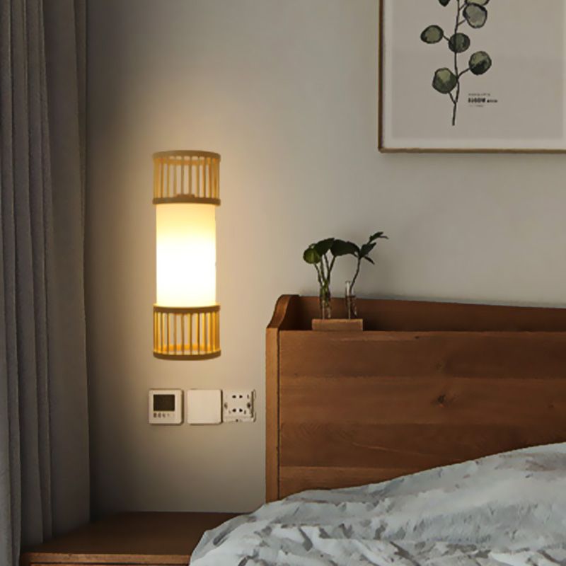 Asian Style Single Bulb Wall Lamp Sconce Beige Cylinder Wall Lighting with Wooden Shade