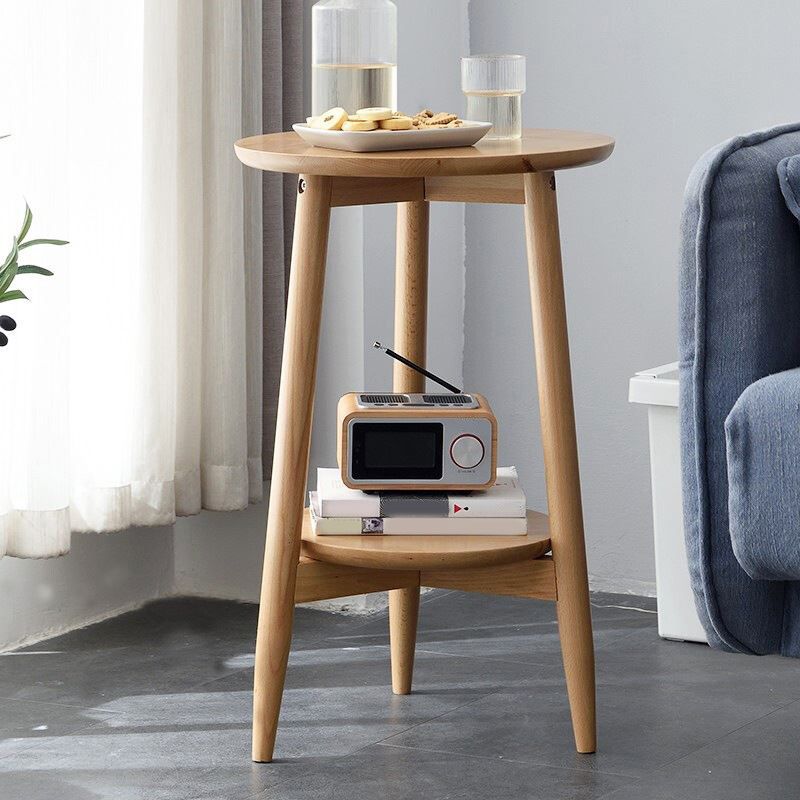 Solid Wood Round Top Side Table 23.6" Tall 3 Legs End Table with Shelf