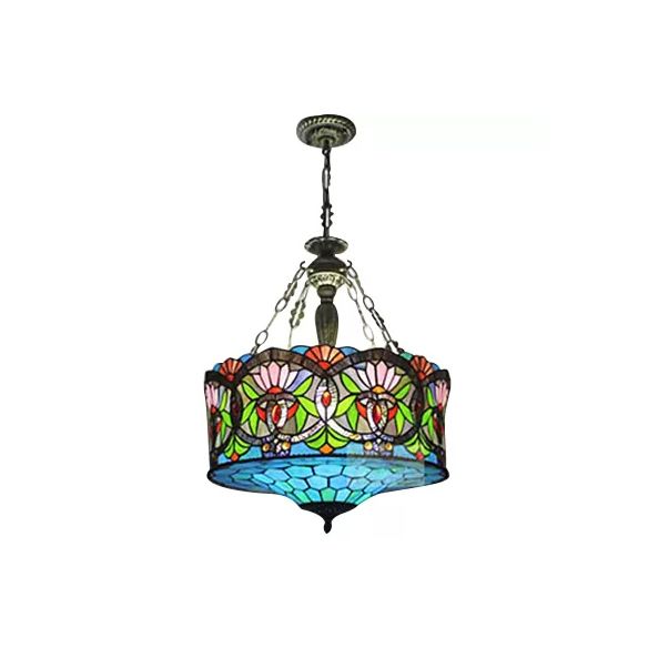Living Room Ceiling Light LED, Stained Glass Drum Lighting Baroque Style, 18" W