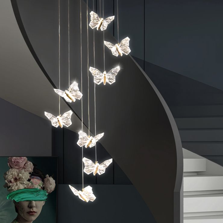 Brass Butterfly Hanging Lamp Minimalist LED Acrylic Pendant Ceiling Light for Duplex House