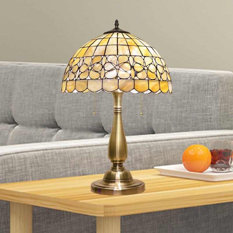 Lampada da comodino a ciotola smerlata oro Tiffany 2 luci illuminazione da guscio con interruttore a catena a trazione