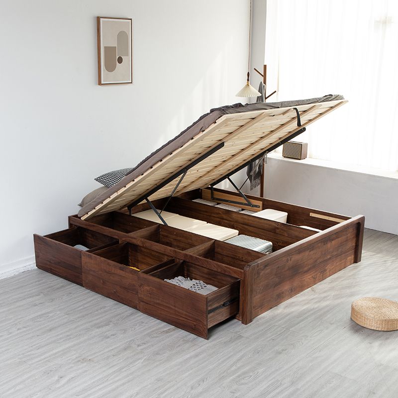 Modern Platform Bed Walnut Solid Wood Standard Bed with Storage