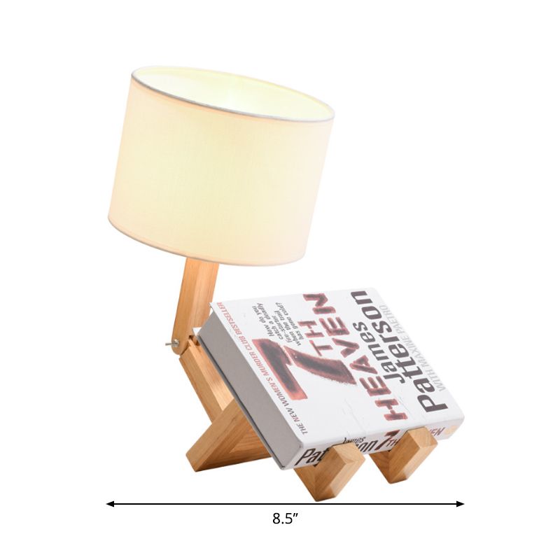 1 Head Sitting Robot Desk Light with Cylinder Shade Modern Wood Desk Lamp in White for Bedside Table