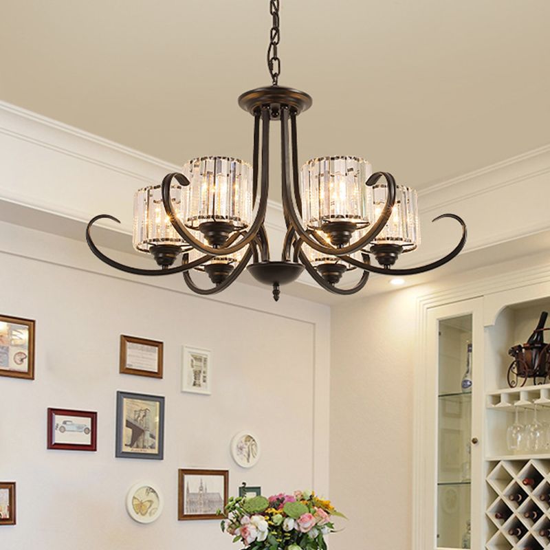 Cilindro soggiorno lampadario vintage cristallo chiaro 6/8 teste nere/oro illuminazione a sospensione con braccio di scorrimento