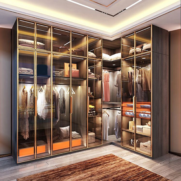 Black Wood Wardrobe with Glass Doors Modern Interior Storage Cabinet