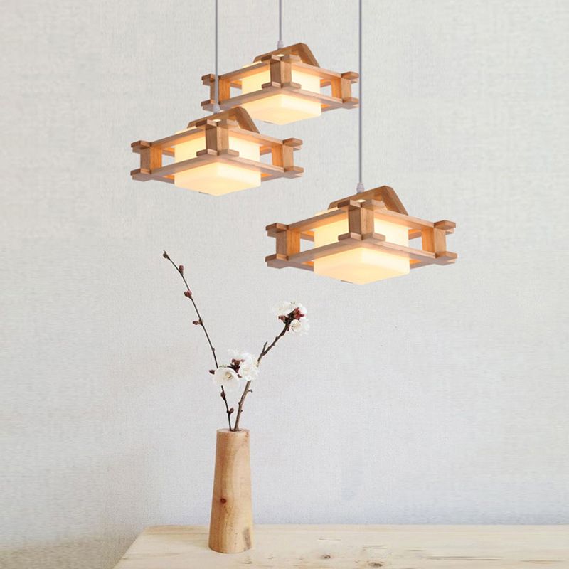 1-Light Dining Room Pendant Modern Wood Suspension Lamp with Square White Glass Shade