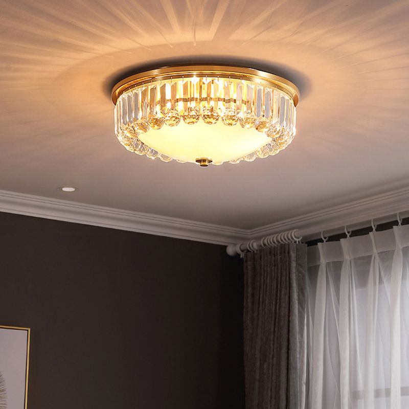 LED Flush Ceiling Light Country Bowl Frosted Glass Flush Mount Fixture in Brass with Round Crystal Edge