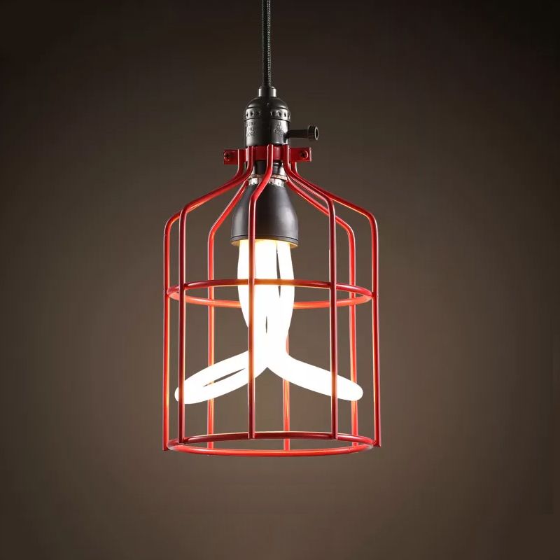 Red/Black 1 Head Pendant Lamp Industrial Iron Birdcage Suspended Lighting Fixture for Restaurant