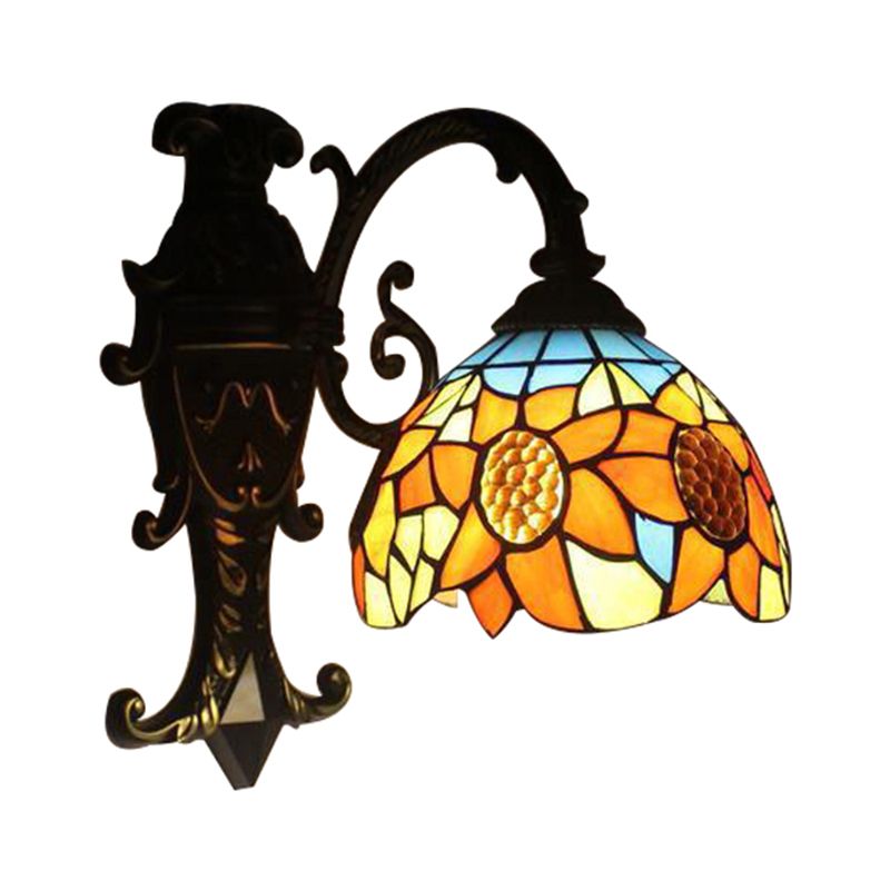 Rustic Tiffany Sunflower Sconce Lamp 1 Head Stained Glass Wall Light in Orange for Bedroom