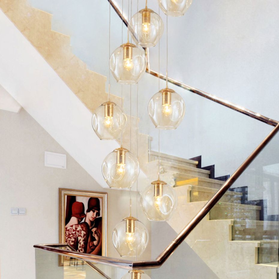 Dimpled Cup Shaped Cluster Pendant Minimalist Cognac Glass 10-Head Stairs Ceiling Light in Brass